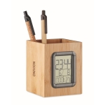 Bamboo pencil holder with time, alarm, calendar and temp' display wood colour second main view