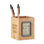 Bamboo pencil holder with time, alarm, calendar and temp' display wood colour view with print area