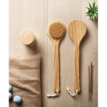 Bamboo shower brush with nylon bristles and hanging loop wood colour ambient view