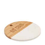 Round marble and bamboo serving board view with print area