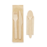 Disposable wooden cutlery set in a printable case natural colour