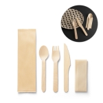 Disposable wooden cutlery set in a printable case still life view