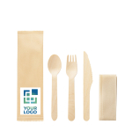 Disposable wooden cutlery set in a printable case main view