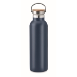 Stainless steel thermal bottle, bamboo lid and handle, 750 ml navy-blue colour