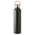 Double-walled insulated bottle with bamboo lid and handle, 1 L black colour