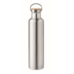 Double-walled insulated bottle with bamboo lid and handle, 1 L matt silver colour