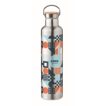 Double-walled insulated bottle with bamboo lid and handle, 1 L matt silver colour main view