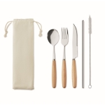 Steel & wood handle cutlery set in a carry bag beige colour