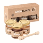 Set with 3 types of honey in jars. A sweet promotional gift wood colour