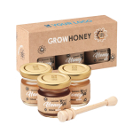 Set with 3 types of honey in jars. A sweet promotional gift view with print area