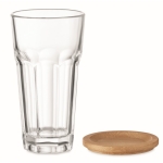 Drinking glass with bamboo lid that can be used as a coaster transparent colour