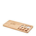 Bamboo chopping board for cheese with knife and fork view with print area