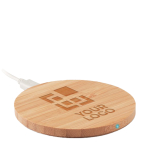 Round wireless smartphone charger made of bamboo wood view with print area