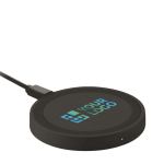 Black wireless phone charger with blue light indicator view with print area