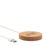 Wireless charging station made of round cork for promotions view with print area