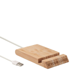 Natural bamboo wireless charger with mobile phone holder view with print area