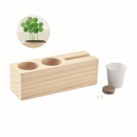 Wooden pen holder with phone holder and flower pot with seeds wood colour