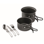 Camping set with two pots and cutlery for promotional gifting black colour