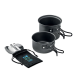 Camping set with two pots and cutlery for promotional gifting view with print area