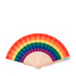 Wooden fan made of polyester with rainbow pride flag view with print area