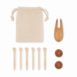 Set for golfers: tees, divot tool and 2 wooden ball markers beige colour