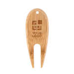 Divot tool in sustainable bamboo for all golf fans wood colour view with print area