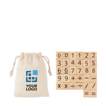 Educational children's counting game, wood pieces, cotton bag beige colour view with print area