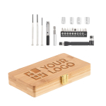 Tool set in bamboo case with, for promotions wood colour view with print area