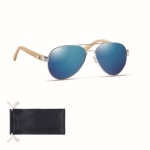 Sunglasses, bamboo arms and microfiber pouch, UV400 protection blue colour