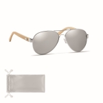 Sunglasses, bamboo arms and microfiber pouch, UV400 protection shiny silver colour