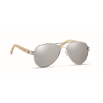 Sunglasses, bamboo arms and microfiber pouch, UV400 protection shiny silver colour fifth view