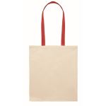 Natural-coloured cotton bag with coloured long handles, 140 g/m² red colour side view