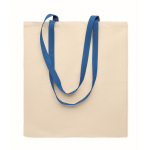 Natural-coloured cotton bag with coloured long handles, 140 g/m² royal blue colour