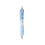 Recycled plastic ballpoint pen with blue ink for trade fairs light blue colour view with print area