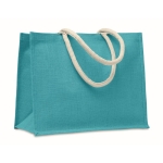 Colourful promotional jute bag with short handles turquoise colour