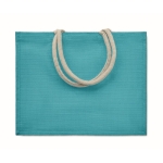 Colourful promotional jute bag with short handles turquoise colour second view