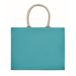 Colourful promotional jute bag with short handles turquoise colour third view