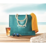 Colourful promotional jute bag with short handles turquoise colour main ambient view