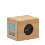 Cube-shaped bamboo wireless speaker with charger view with print area