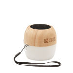 Wireless bamboo speaker with Ambient light and carrying strap view with print area