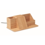 Desk organiser with bamboo pen holder & phone charging station wood colour