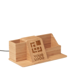 Desk organiser with bamboo pen holder & phone charging station wood colour view with print area