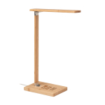 Foldable bamboo desk lamp with LED light and charging station wood colour view with print area