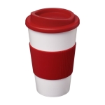 Plastic travel mug with screw lid for employees, 350 ml red colour