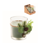 Candle in glass candleholder with festive forest decorations green colour view with print area