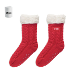 Red non-slip Christmas style socks in gift box red colour view with print area