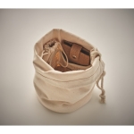 Accessory storage bag with drawstring, made of organic cotton beige colour fifth photographic view