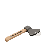 Pizza cutter with an axe design and bamboo handle view with print area