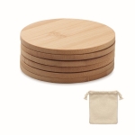 6 round bamboo coasters in a cotton bag wood colour