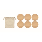 6 round bamboo coasters in a cotton bag wood colour second view